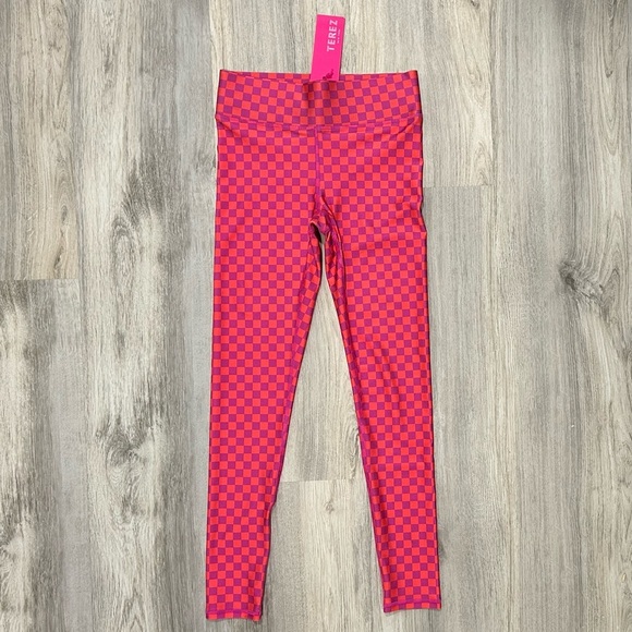 NWT Terez Athletic Leggings Pants Activewear Racing Check Melon Purple Size XS - Picture 1 of 7